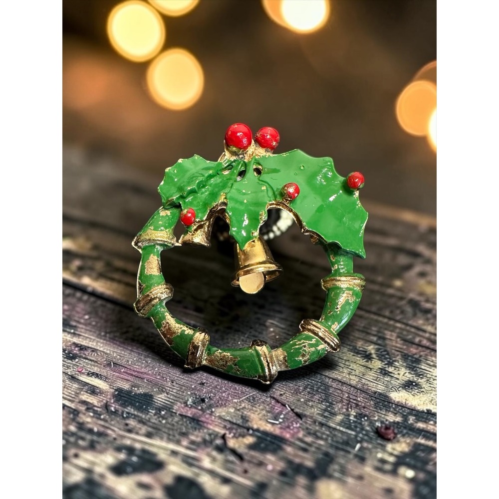 Christmas Wreath Brooch Green Enamel Holiday Bell Pin